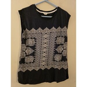 Lucky Brand Women's Medium Sleeveless Top Navy Blue Boho Floral Geometric Print